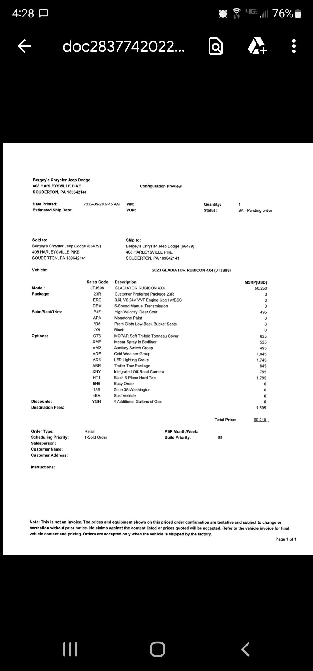 Jeep Gladiator 2023 Jeep Gladiator Order…What step are you in? Screenshot_20221025-162822_Driv