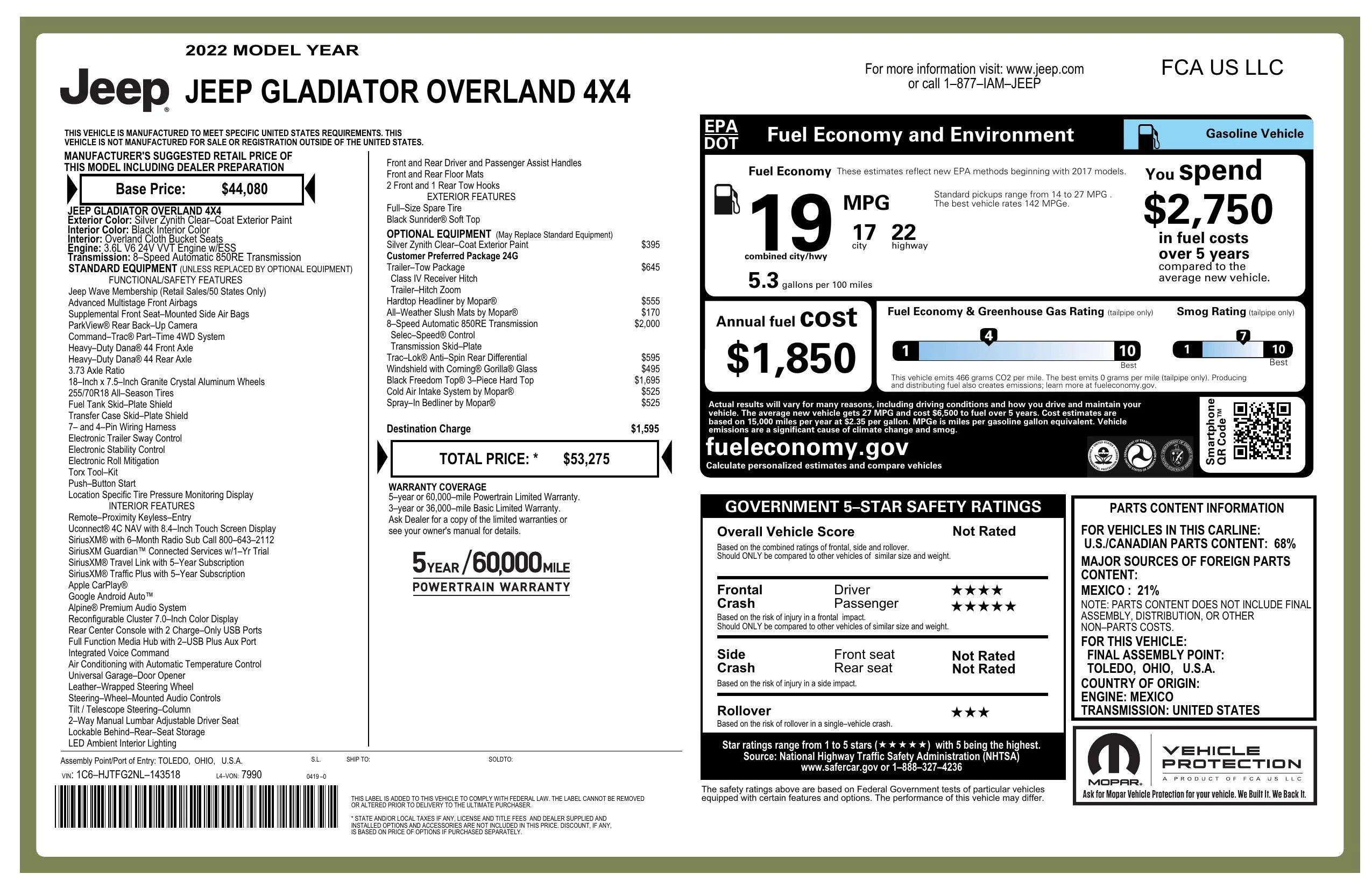 Jeep Gladiator 2022 Overland 2800 miles PRICE LOWERED window_sticker