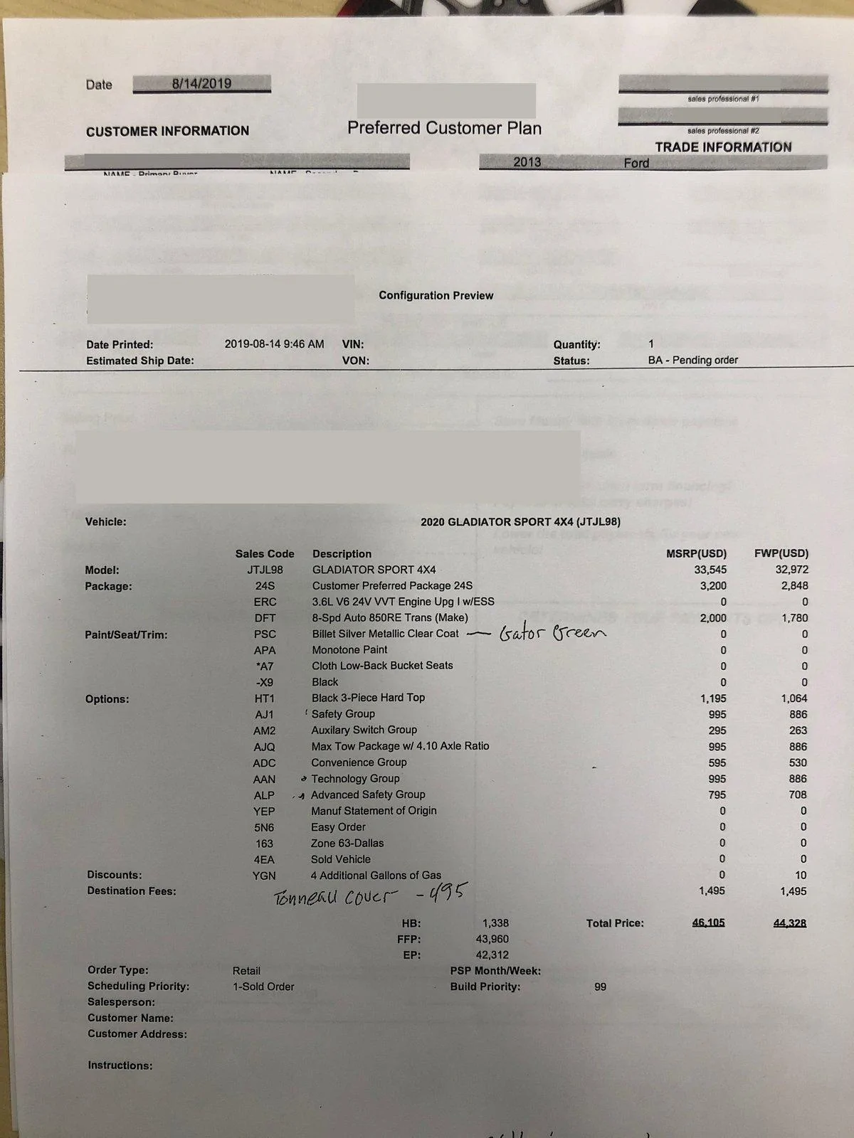 Jeep Gladiator Build order Questions build order