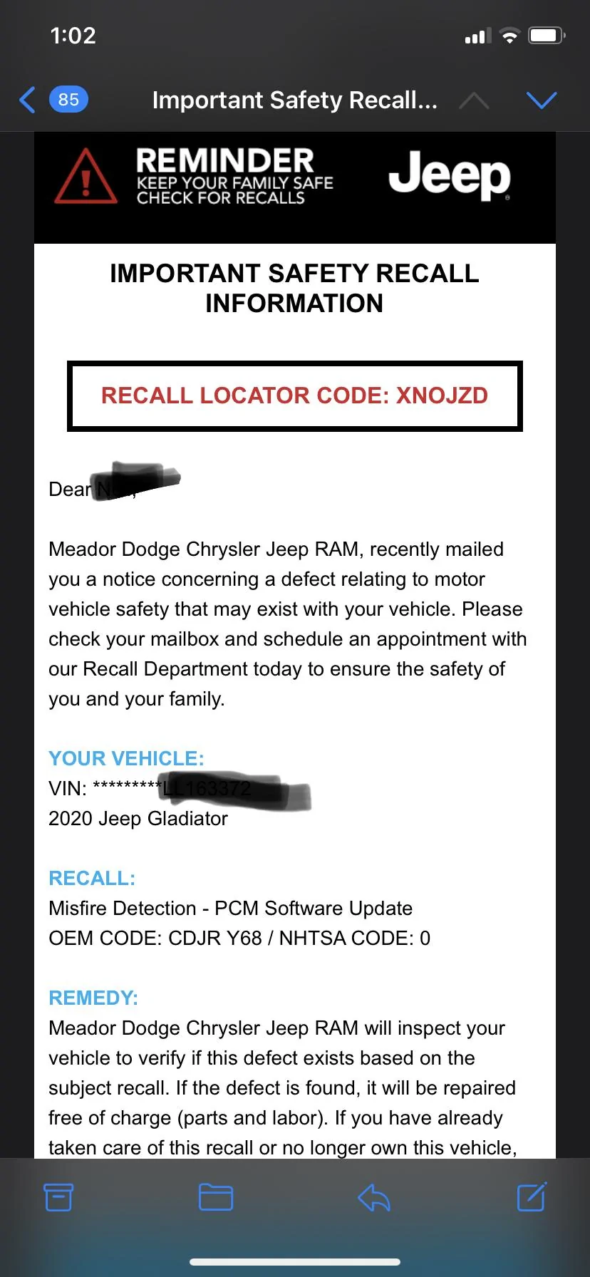 Jeep Gladiator Important Safety Recall Regarding Misfire Detection - PCM Software Update 812A4FF1-AF38-4004-8B32-CB8C9561D731