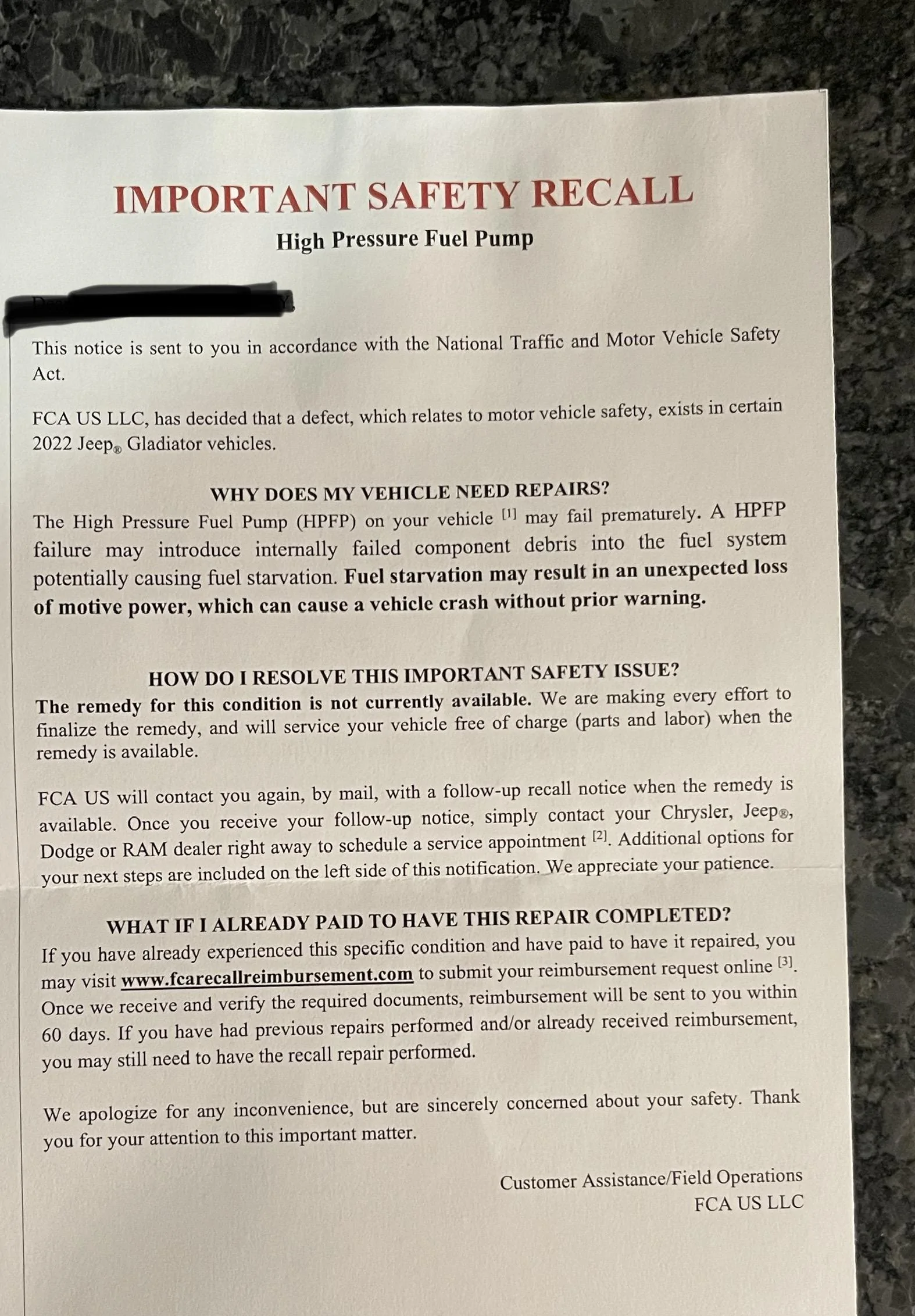 Jeep Gladiator 3.0L Diesel High Pressure Fuel Pump Recall Z96 2ED6C4CD-4661-4332-993C-ED8730EBF437