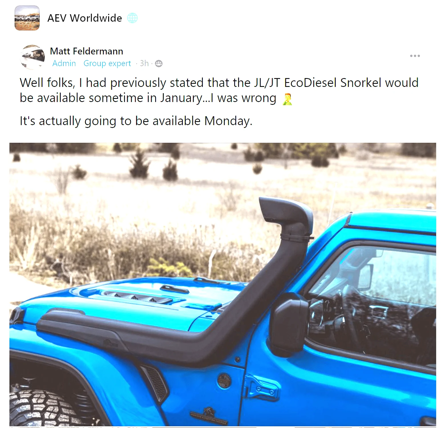 Jeep Gladiator AEV EcoDiesel Snorkel is Available on Monday 12/19/2022! 1671131742450