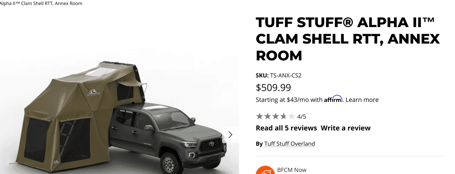 Jeep Gladiator TuffStuff Alpha II Roof Top Tent and Annex, Hoist Screenshot 2022-11-23 3.16.05 PM