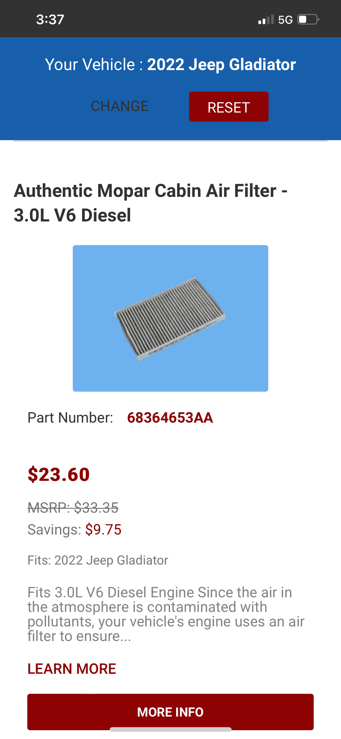 Jeep Gladiator Diesel specific cabin air filter…. A9DE5F78-302D-4AF2-B808-4F96F17E811D