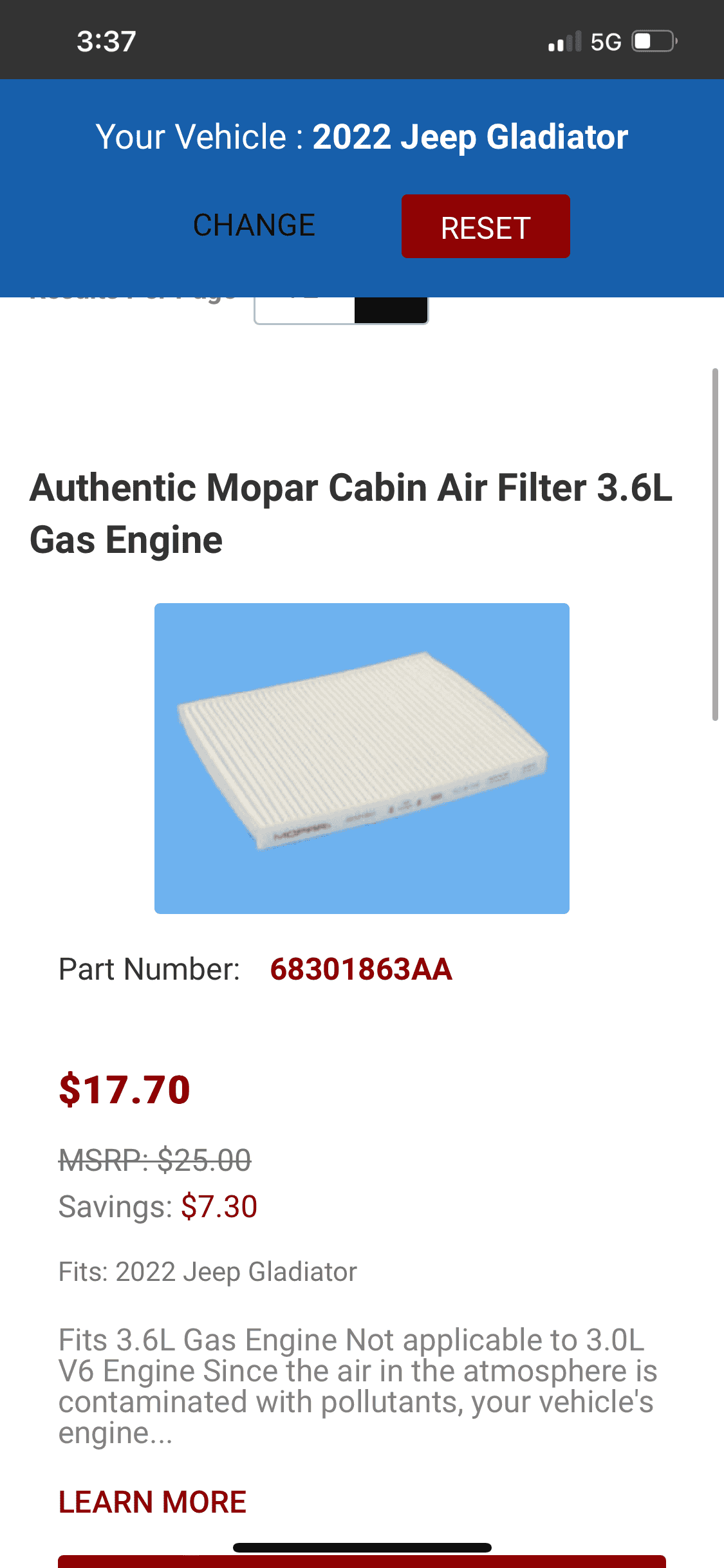 Jeep Gladiator Diesel specific cabin air filter…. 021683C9-32DA-4BDD-A71A-9F8A2434C851