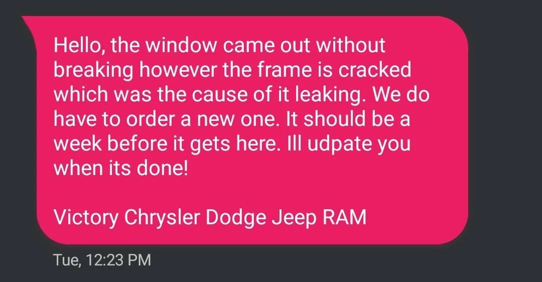 Jeep Gladiator Roof leak in back Screenshot_20230104_132955_Pulse SMS