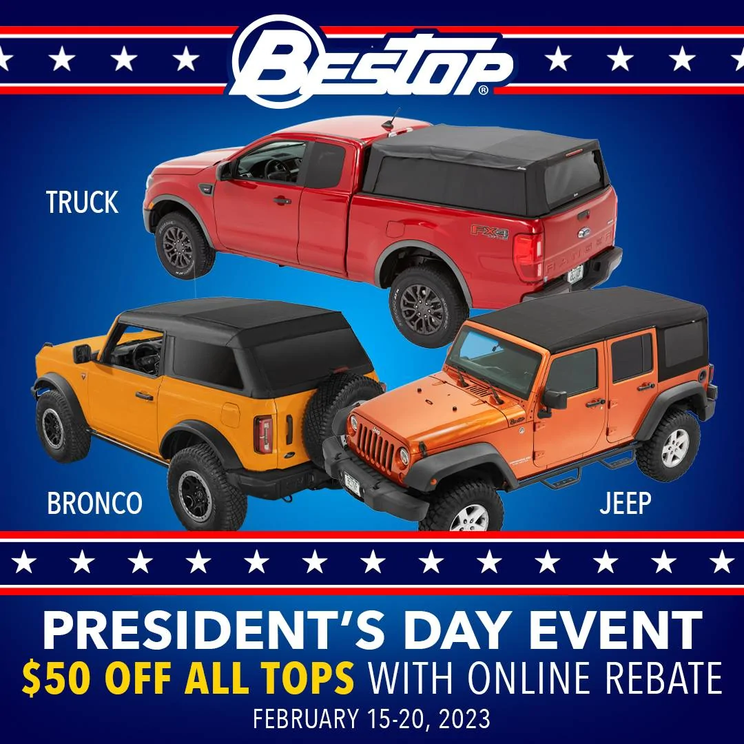 Jeep Gladiator Bestop's Presidents Day REBATE is here! Bestop_Presidents_Day_Rebate_1080x1080 (1)