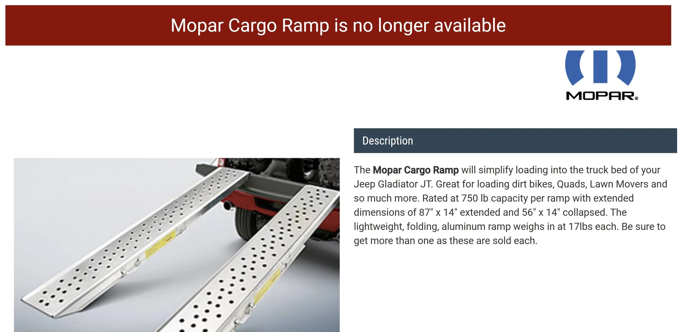Jeep Gladiator Mopar tail gate ramps - weight capacity? MoparRam