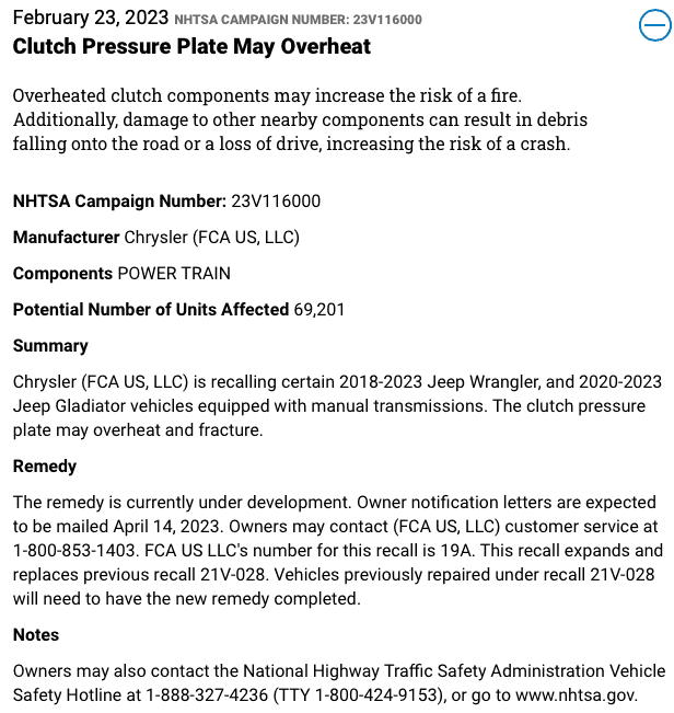 Jeep Gladiator Clutch Recall (2/23/23): Clutch Pressure Plate May Overheat -- Affecting 70,000 Manual Jeep Wranglers and Gladiators 1677761715242-