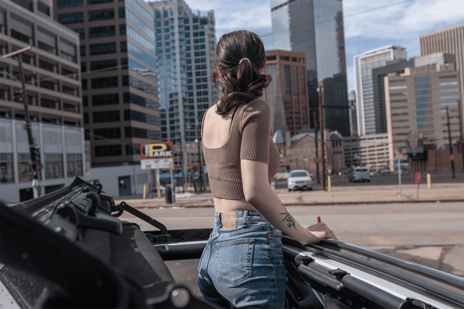 Jeep Gladiator Open Air Adventures! Lily standing ShF open