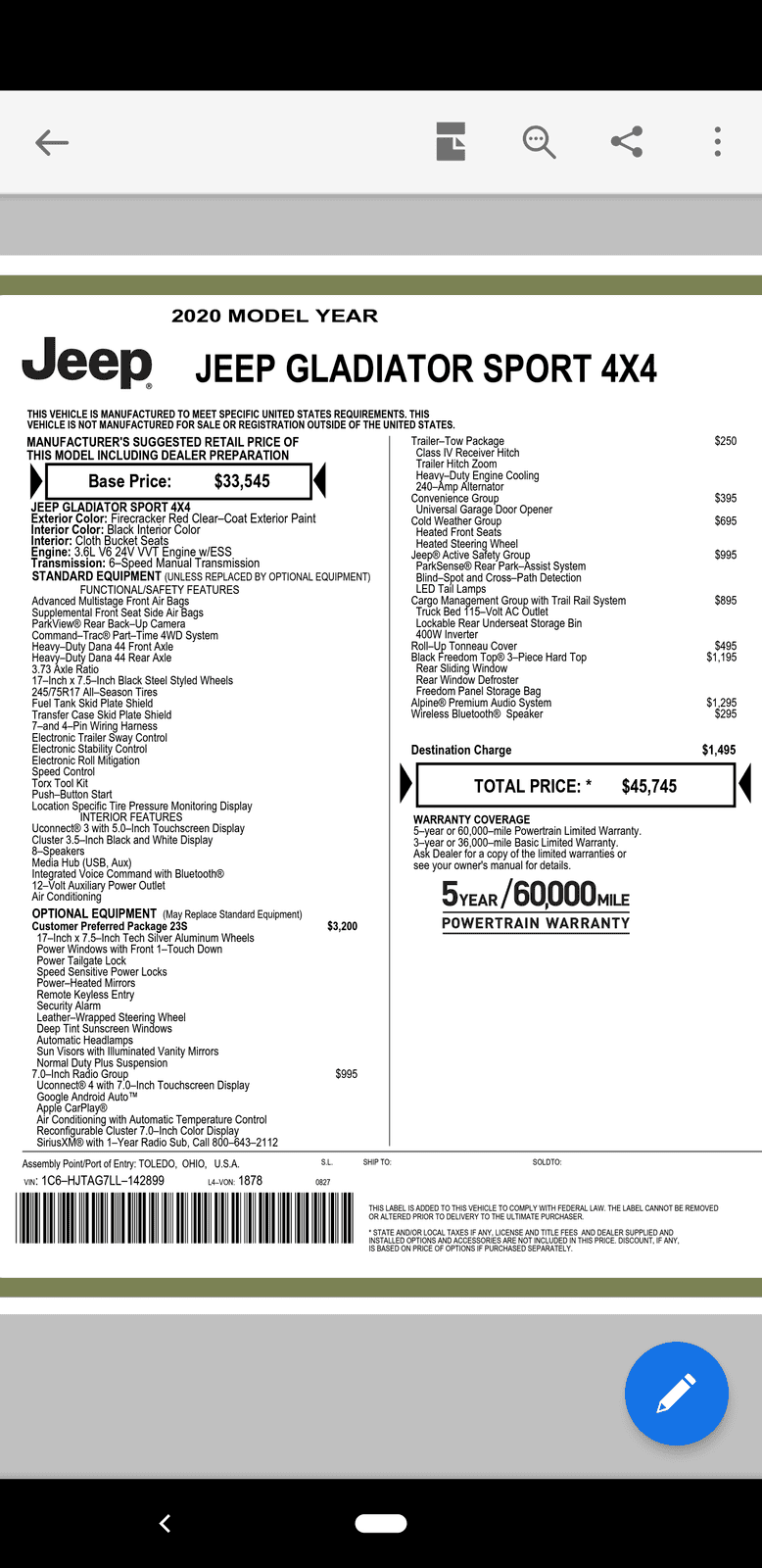 Jeep Gladiator Gladiator Window Sticker and Build Sheet Order Tracking Screenshot_20190903-175022