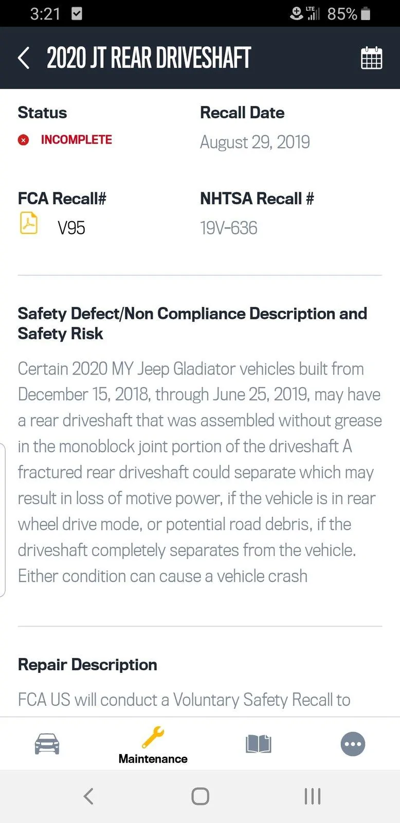 Jeep Gladiator FYI. Rear driveshaft recal Screenshot_20190905-152118_My J