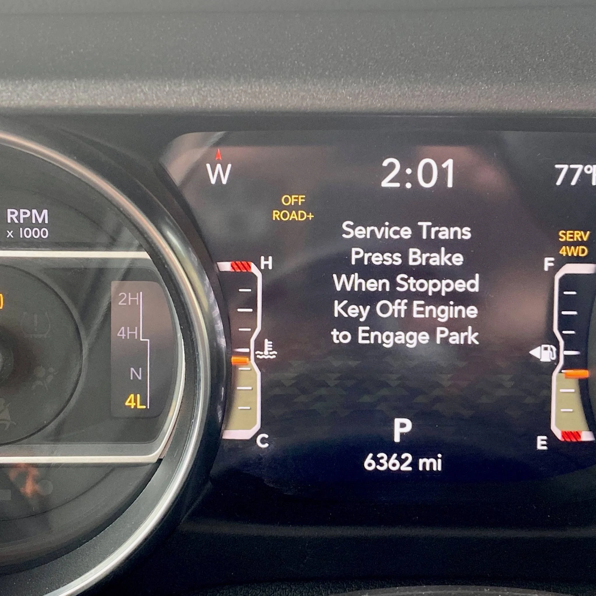 Jeep Gladiator Automatic Transmission when placed in 4-Low then switched to 1st gear....goes into limp mode, SERV 4WD IMG_0373