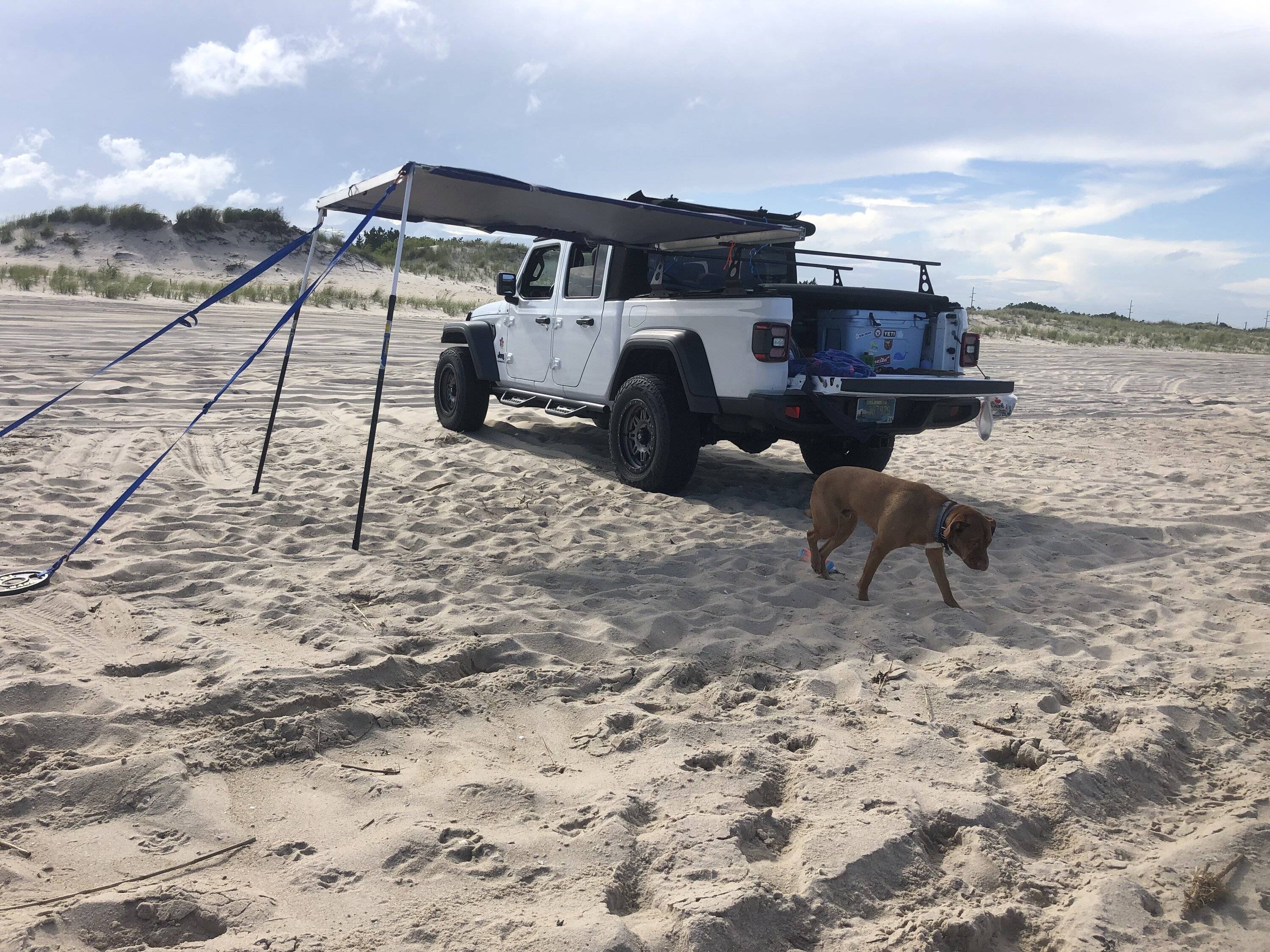 Jeep Gladiator Using an Xtrusion overland rack as a base for DIY enclosed topper... or just go Alu-Cab Contour Canopy DJ 1st beach test shot 2 very windy
