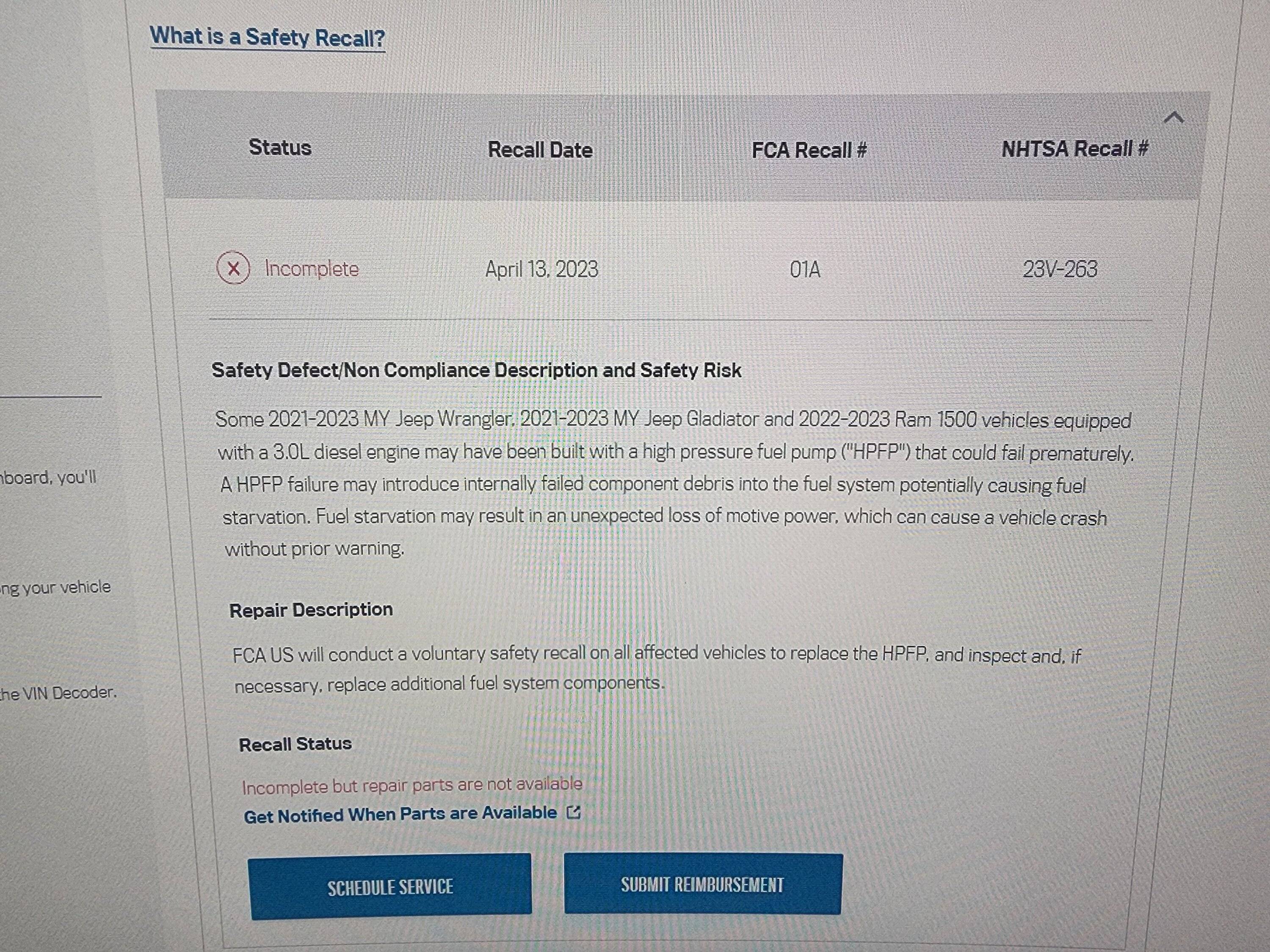 Jeep Gladiator Recall: 3.0L EcoDiesel engine high pressure fuel pump (HPFP) failure (2021-2023 Gladiator) 20230426_144819