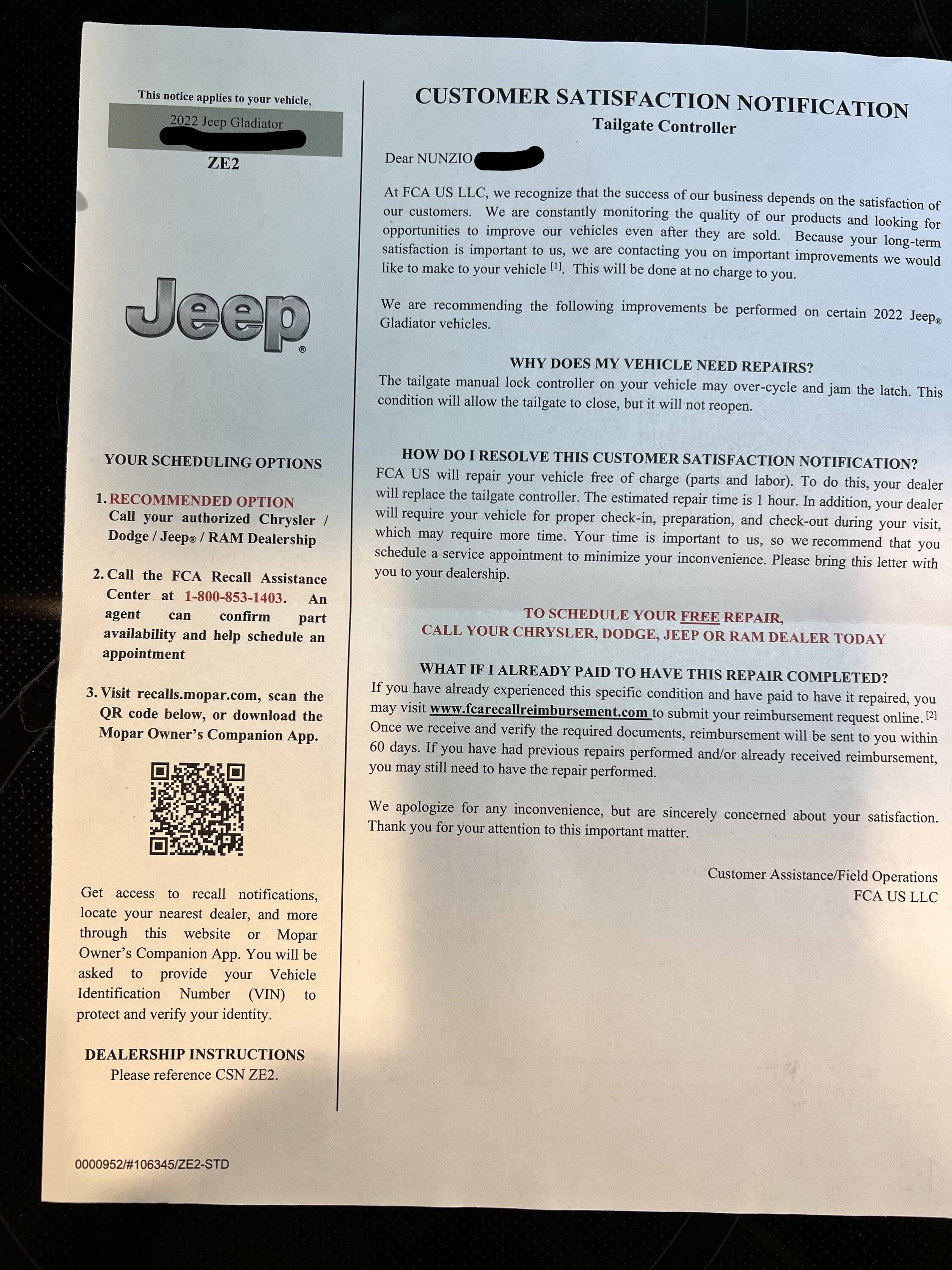 Jeep Gladiator Customer Satisfaction Notification  "Tailgate Controller" Inkedfca 5-2023