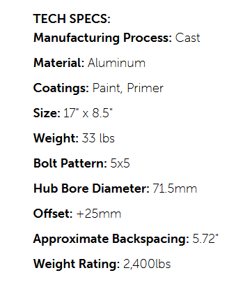 Jeep Gladiator AEV Borah Dualsport Wheels (5) + Rock Rash Rings & Hardware, Black Lug Nuts, TPMS - $1500 for all AEV Specs.PNG