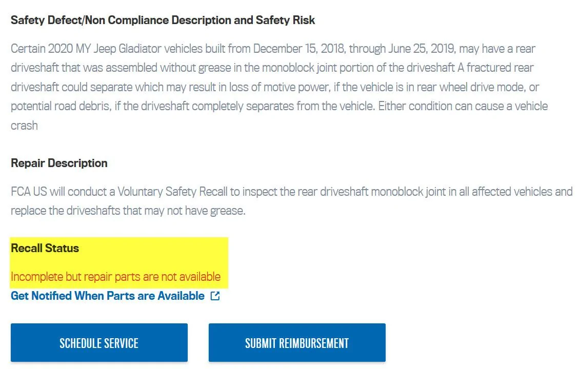 Jeep Gladiator Recall and Stop Sale on Certain 2020 Gladiators For Bad Driveshafts recall