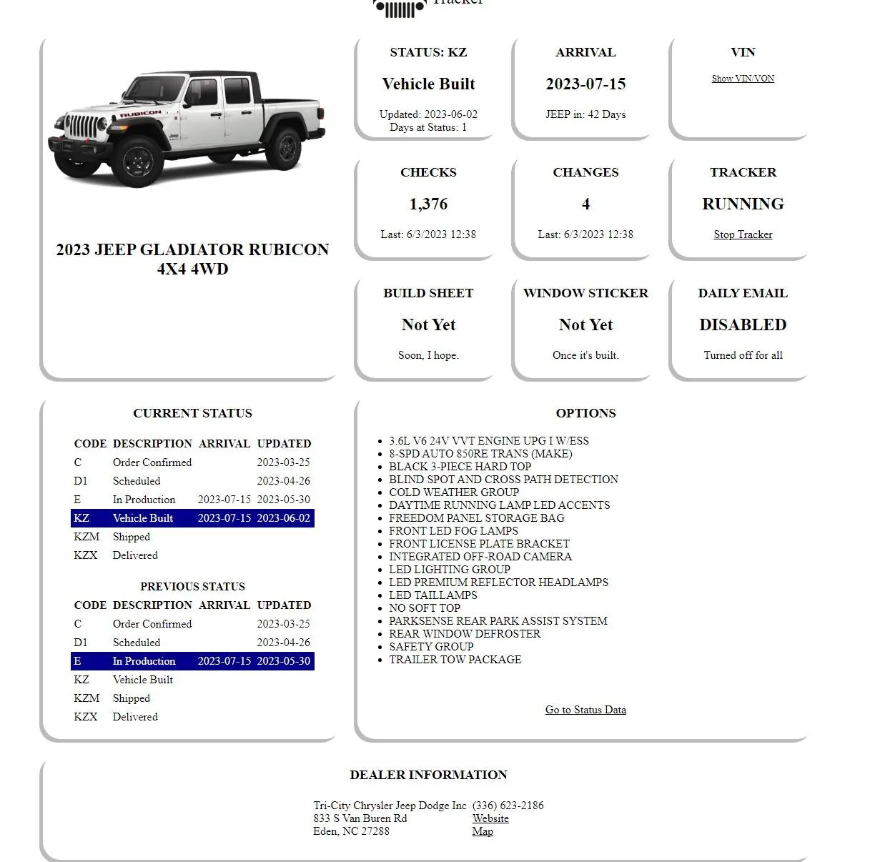 Jeep Gladiator Gladiator Window Sticker and Build Sheet Order Tracking Jeep Built