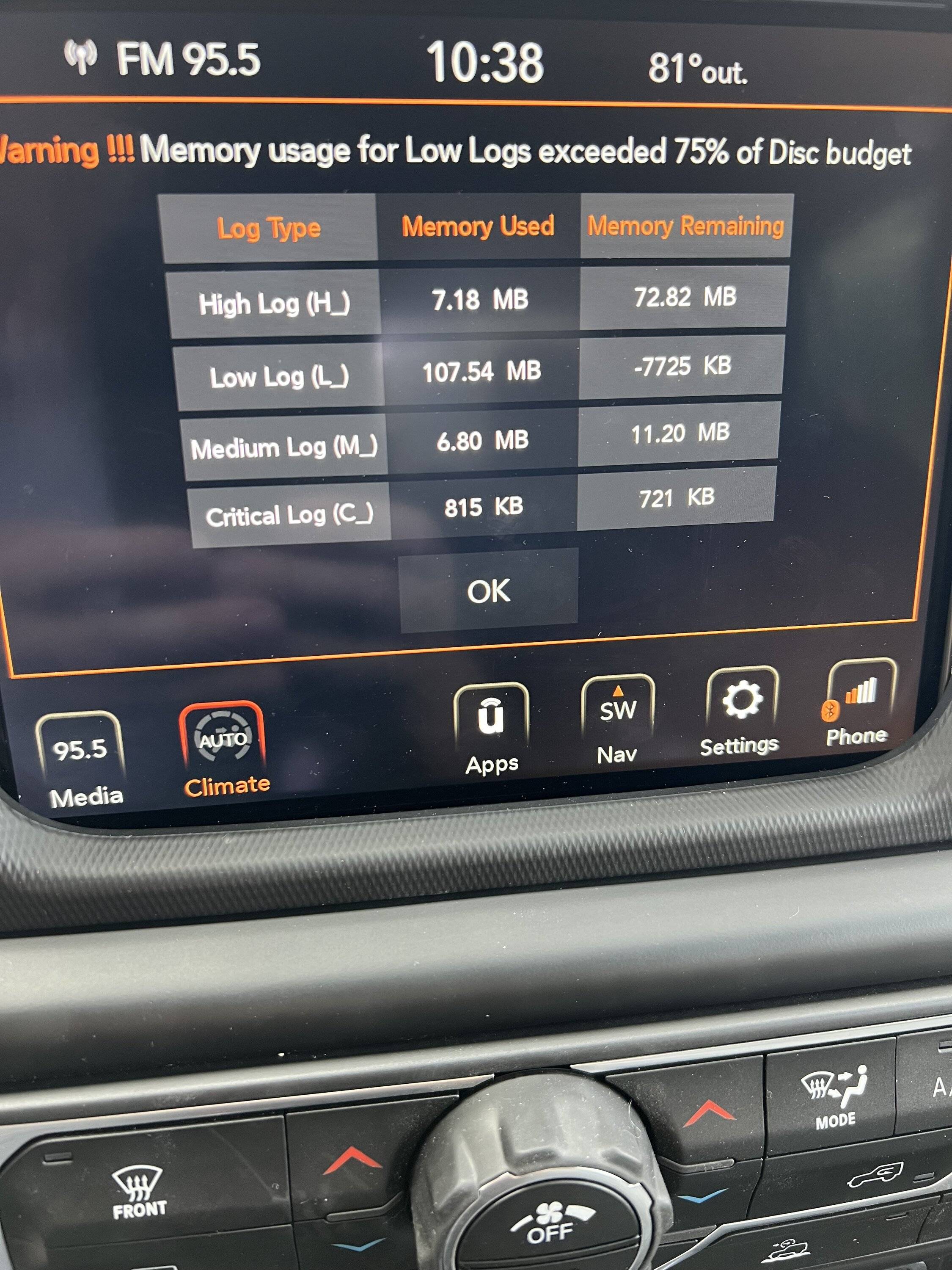 Jeep Gladiator "Warning !!! Memory usage for Low Logs exceeded 75% of Disc budget" need help IMG_8616.JPG