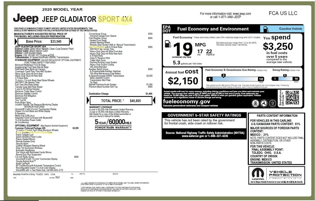 Jeep Gladiator Anyone with the Base Sport? Gladiator Window Sticker