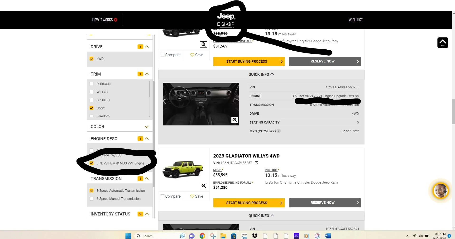 Jeep Gladiator 5.7 showing as an option on E-Shop on jeep.com,  Just a bad web design mistake??? 5.7 Hemi as choice on E-Shop on Jeep.com
