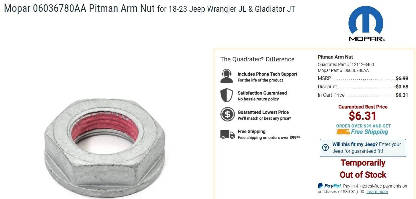 Jeep Gladiator Problem with steering pitman arm nut
