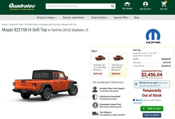 Jeep Gladiator (NIB) JT Soft Top Premium Twill Mopar 82215614 - $1,500 1693925287716