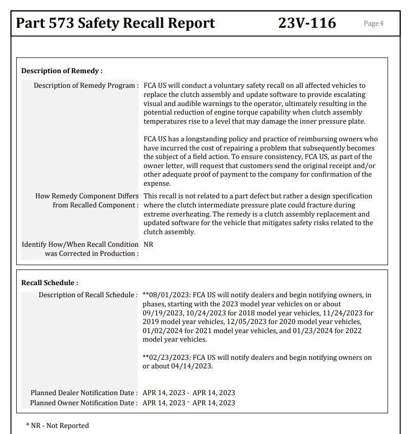 Jeep Gladiator Clutch Recall (2/23/23): Clutch Pressure Plate May Overheat -- Affecting 70,000 Manual Jeep Wranglers and Gladiators CaptureFCA