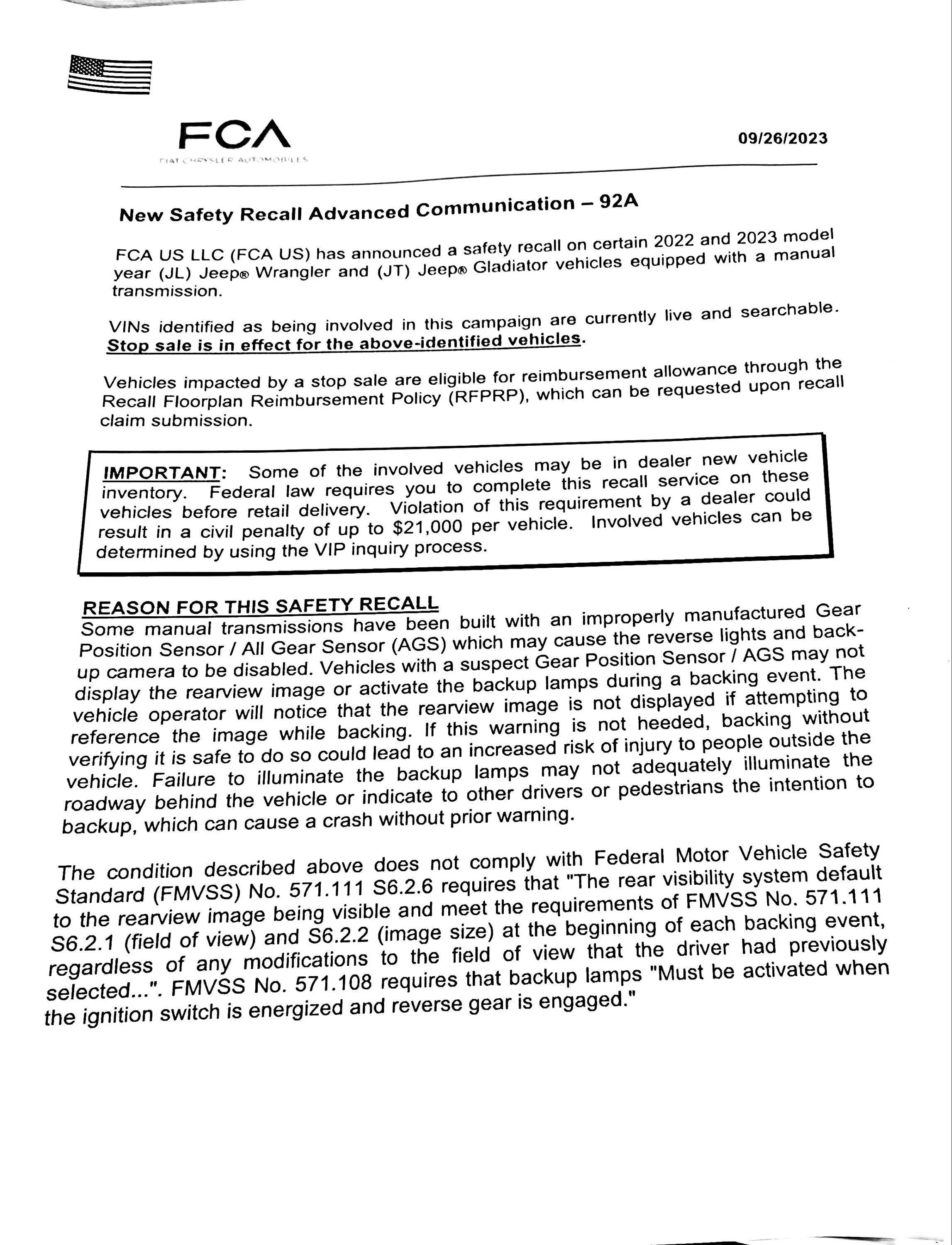 Jeep Gladiator Safety Recall 92A & Stop Sale for 6-Speed Manual 2022/2023 Gladiators & Wranglers 202309260914001000