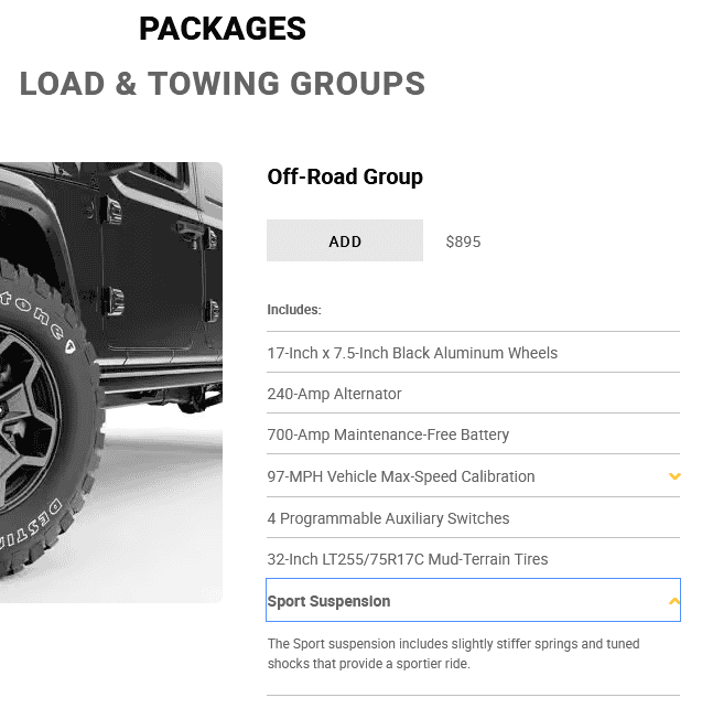 Jeep Gladiator Build sheet questions: "Off road group" on a 23 Sport 1696002907804