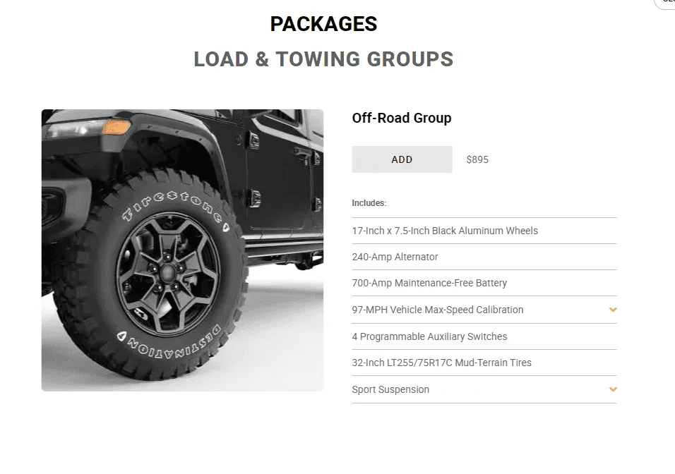 Jeep Gladiator Build sheet questions: "Off road group" on a 23 Sport 1696009916532