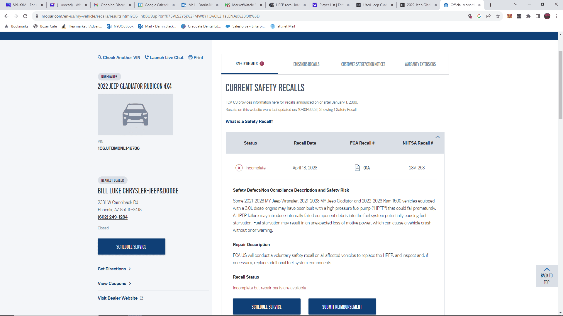 Jeep Gladiator HPFP recall info check 1696354745472