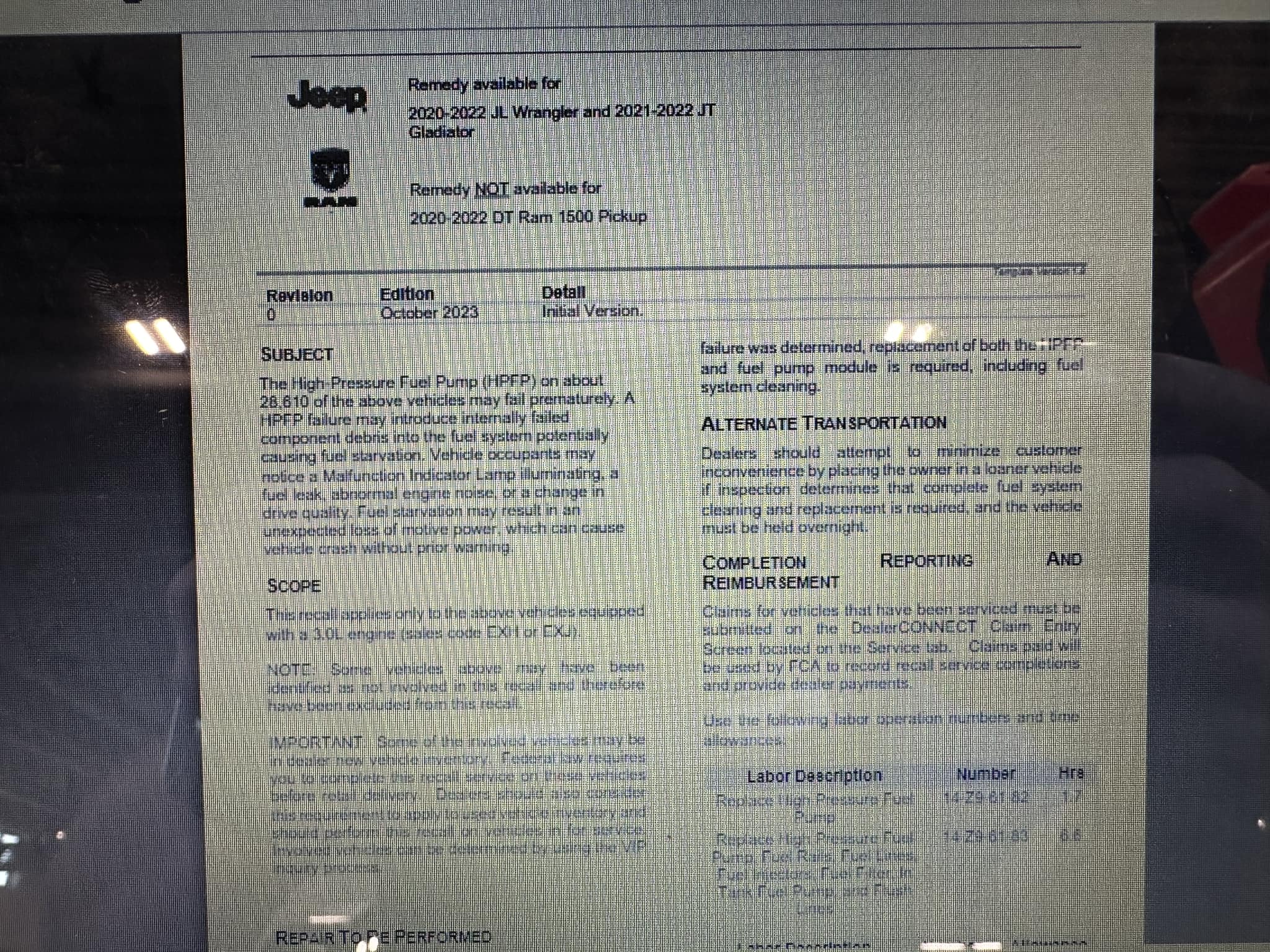 Jeep Gladiator HPFP recall info check 1696354887974
