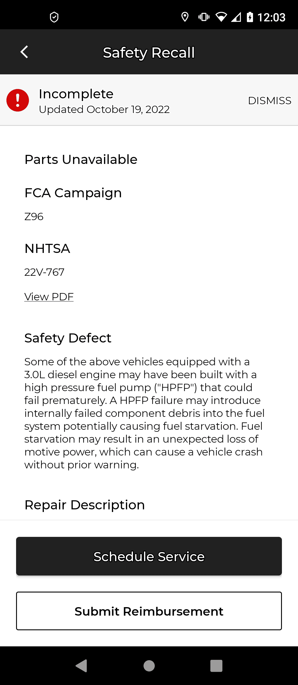 Jeep Gladiator HPFP recall info check Screenshot_20231003-120305