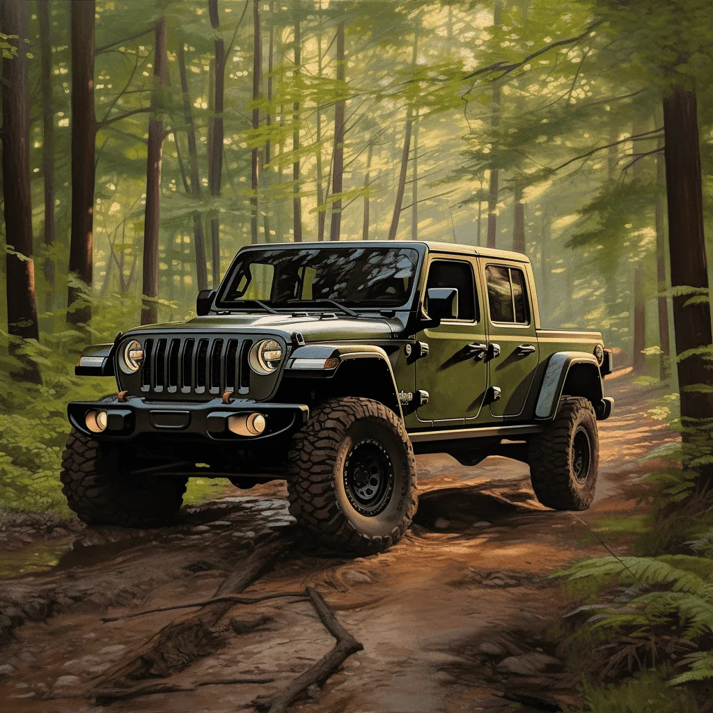 Jeep Gladiator Gladiator AI Artwork wildtaco._Sarge_green_Jeep_Gladiator_bronze_wheels_driving_thr_9e90a4a6-fcb7-4146-98cb-5efdd0