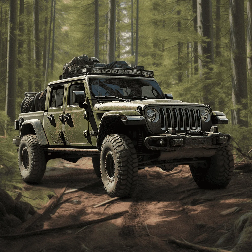 Jeep Gladiator Gladiator AI Artwork wildtaco._Sarge_green_Jeep_Gladiator_bronze_wheels_driving_thr_43b14500-c593-4e53-8ba6-1b0ec0