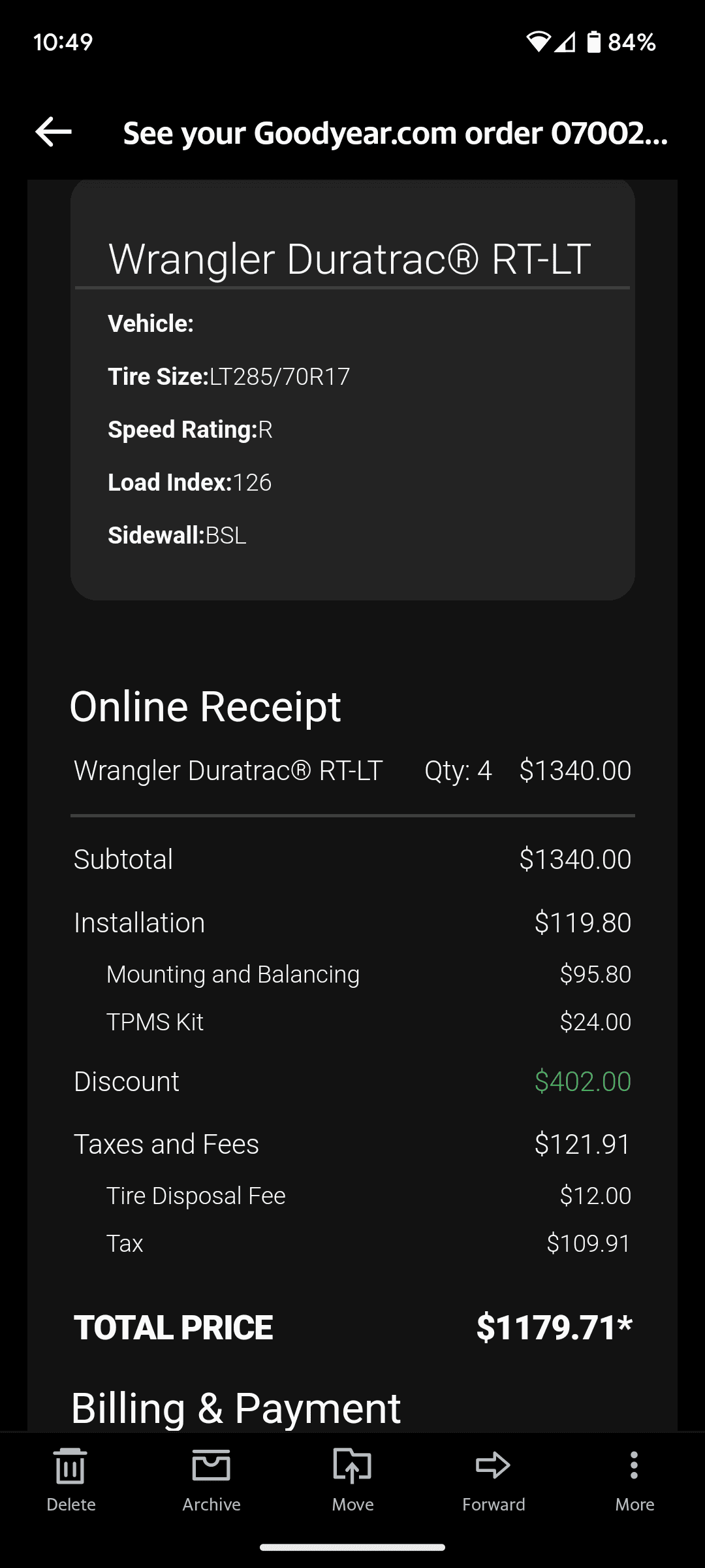 Jeep Gladiator USAA Tire Discount Screenshot_20231015-104956