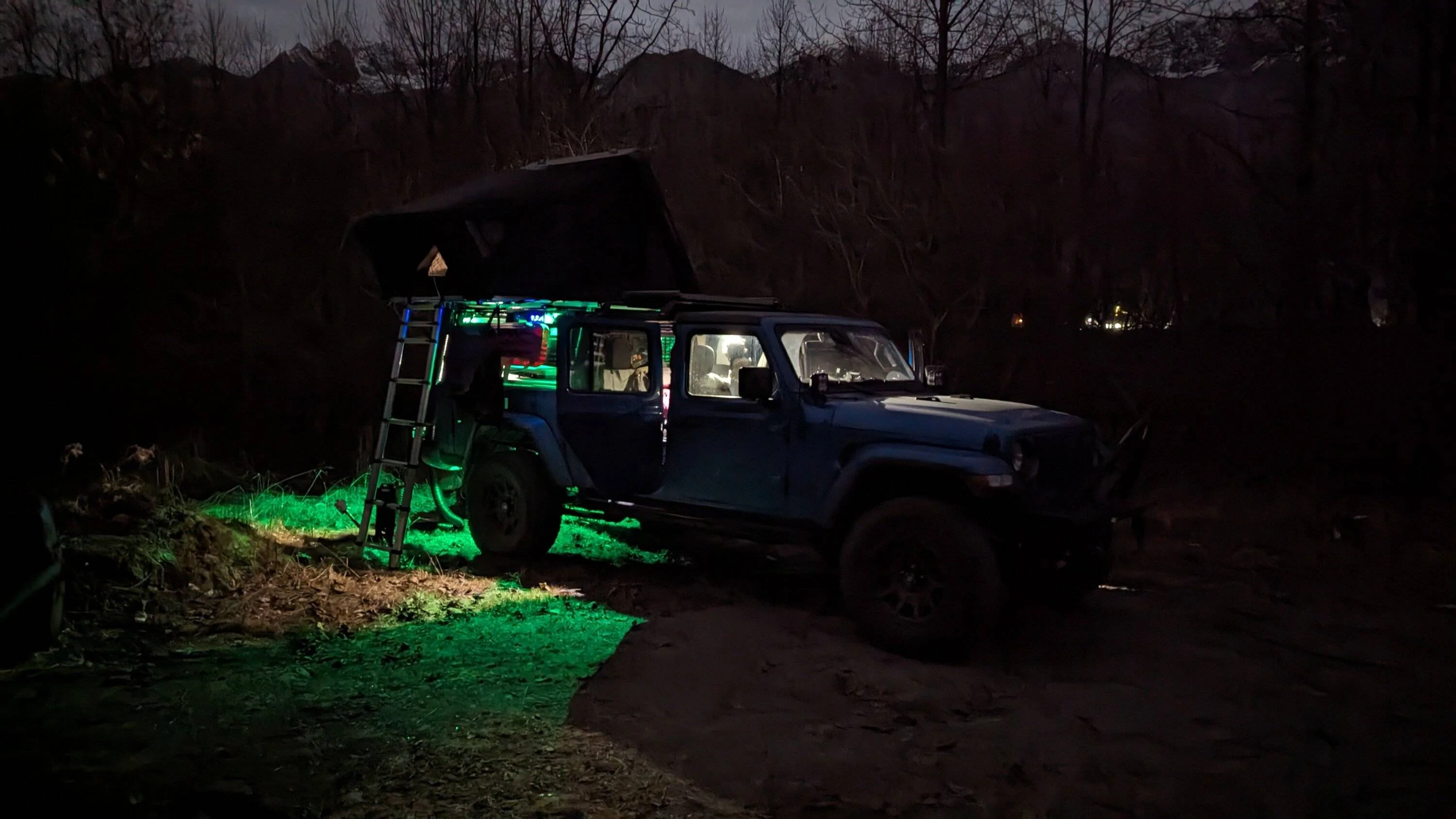 Jeep Gladiator Alaska Daily Drivers: Hydro Blue 80A and Bright White JTR PXL_20231029_050630779.NIGHT
