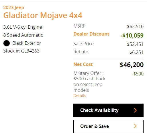 Jeep Gladiator 23 Mojave $70K MSRP for $52K - Deal? Screenshot 2023-11-16 233320