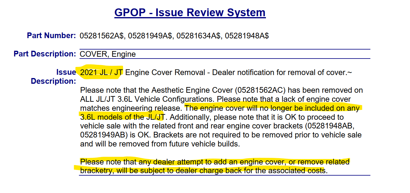Jeep Gladiator Engine cover - not on all vehicles ?‍♀️ so the dealer tells me , is this posibly true 1700330964235