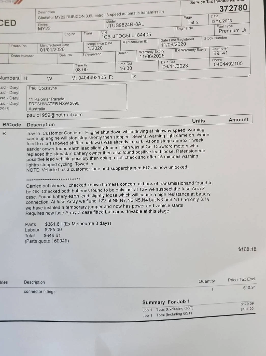 Jeep Gladiator Sudden catastrophic power failure at 13 months 20,000 miles. Report No Dealer