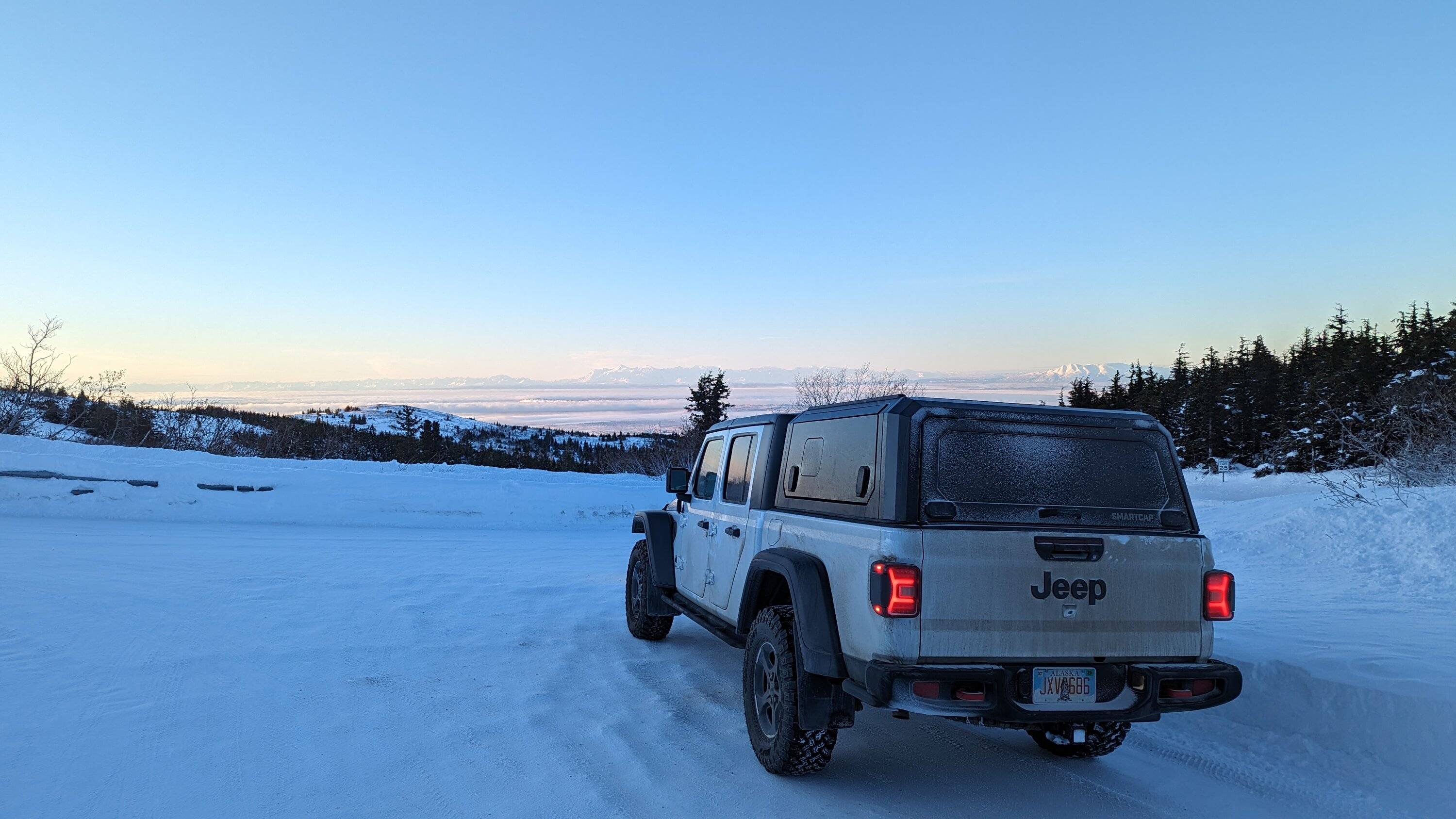 Jeep Gladiator Alaska Daily Drivers: Hydro Blue 80A and Bright White JTR PXL_20231230_234343399