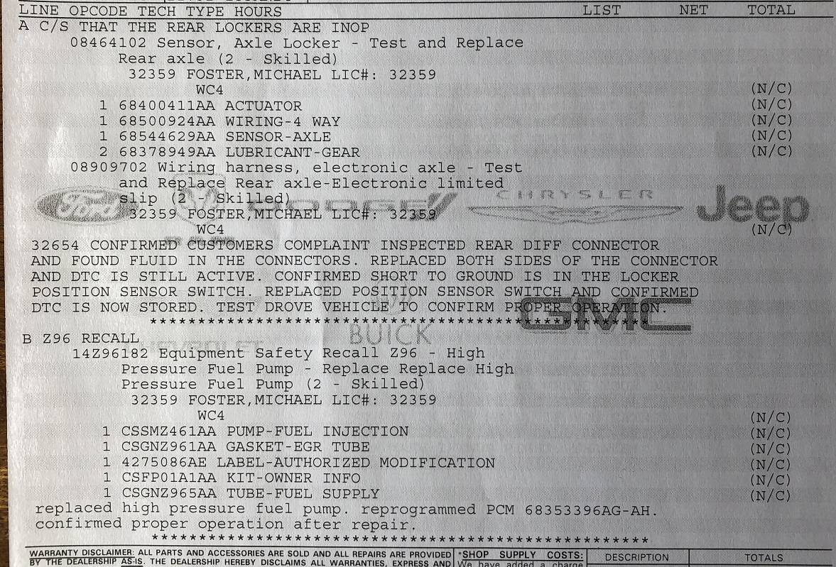 Jeep Gladiator HPFP Replacement Recall - Post Fix Review invoice