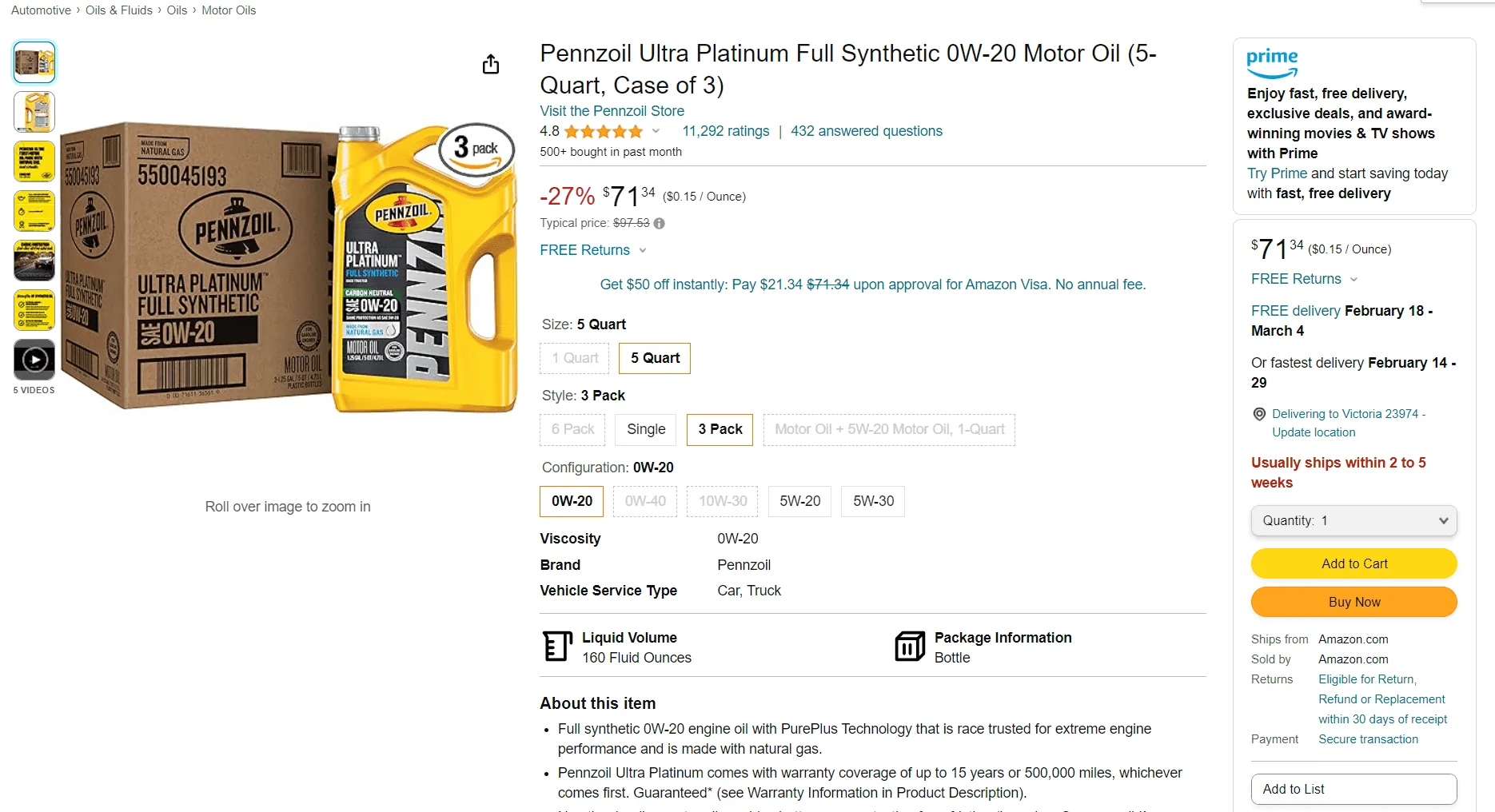 Jeep Gladiator Pennzoil Ultra Platinum 0W-20 (3pk - 5qt) $71.34 ($23.78 per) 1706491417320