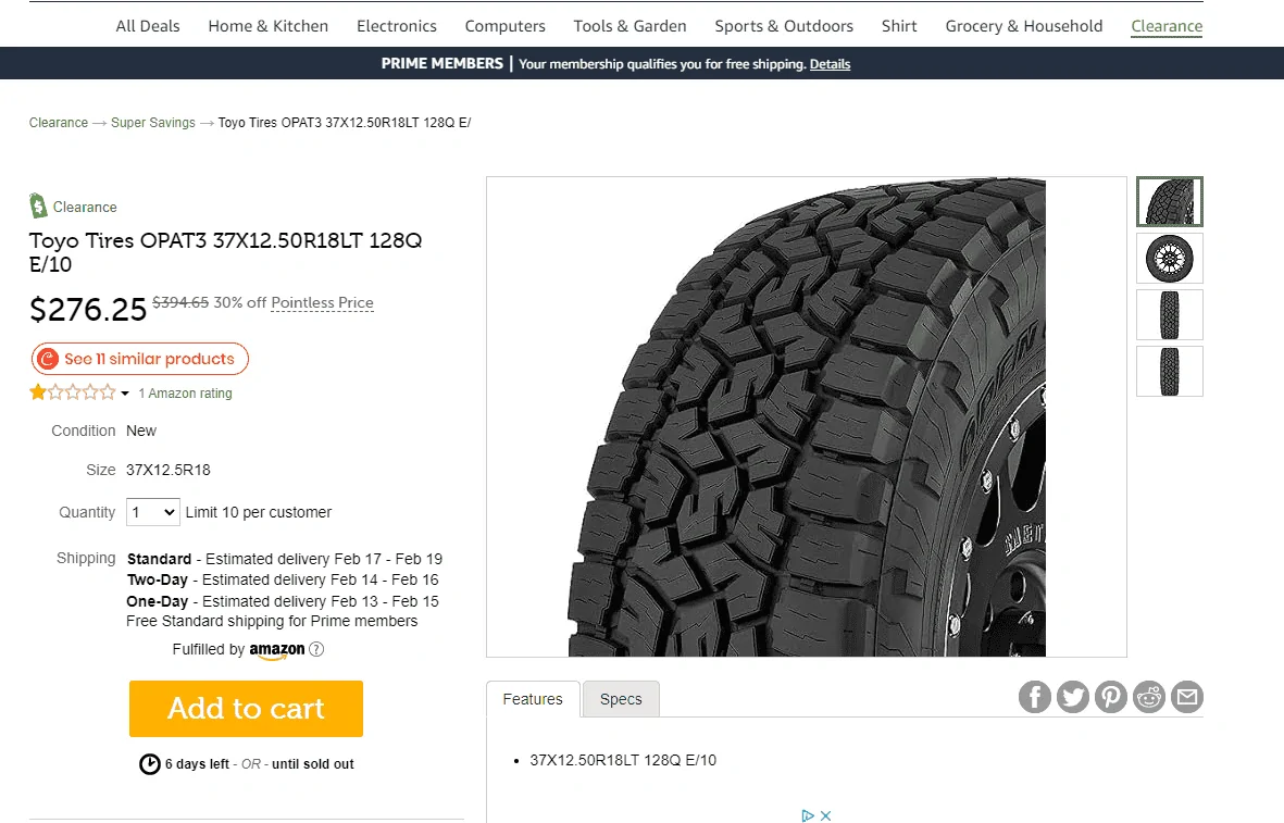 Jeep Gladiator Toyo Open Country 37/12.50R18 Deal on Woot for $276.25 1707772378540