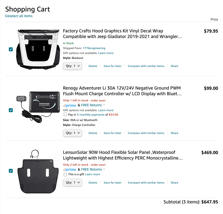 Jeep Gladiator Pieced together a solar hood panel kit on Amazon Screen Shot 2024-02-25 at 9.57.22 PM