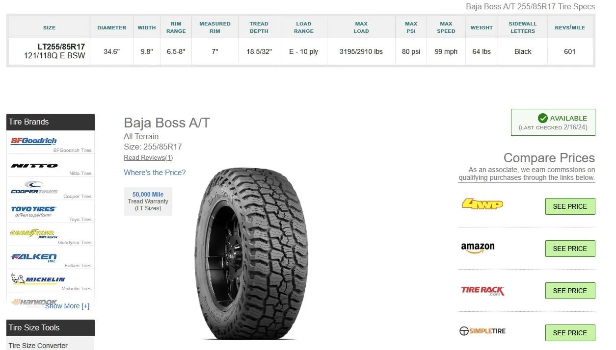 Jeep Gladiator Mickey Thompson Baja Boss AT 255/85/17 (35" Pizza Cutters). baja boss