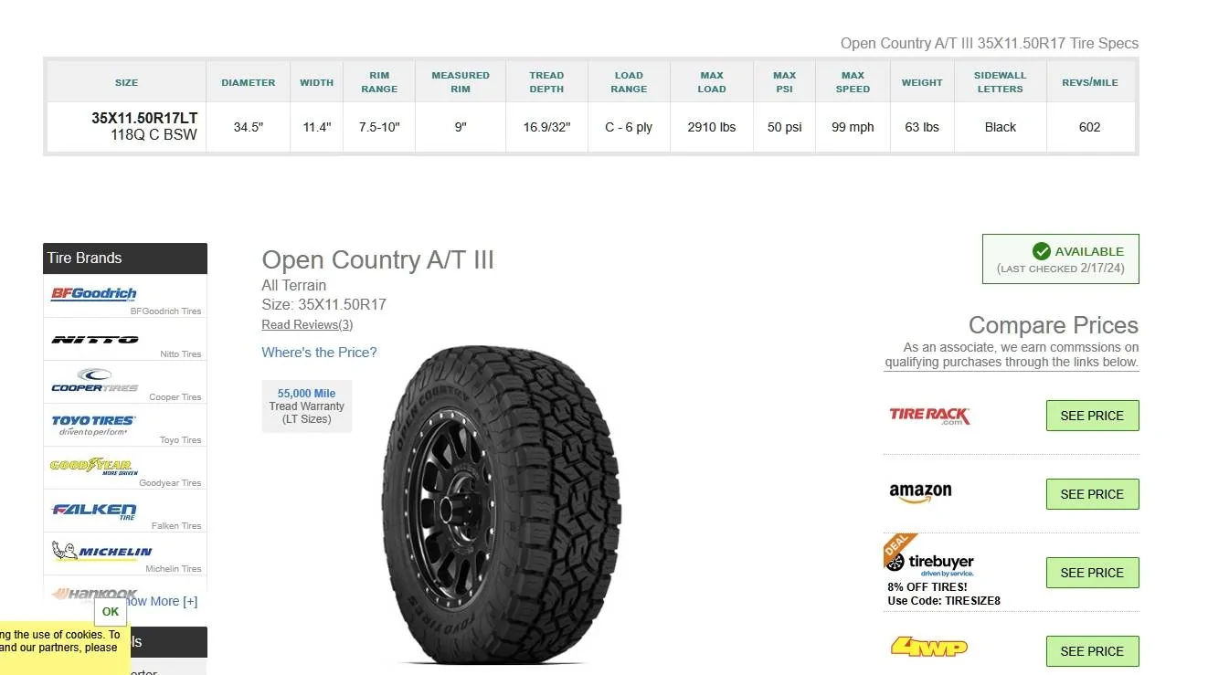 Jeep Gladiator Mickey Thompson Baja Boss AT 255/85/17 (35" Pizza Cutters). toyo