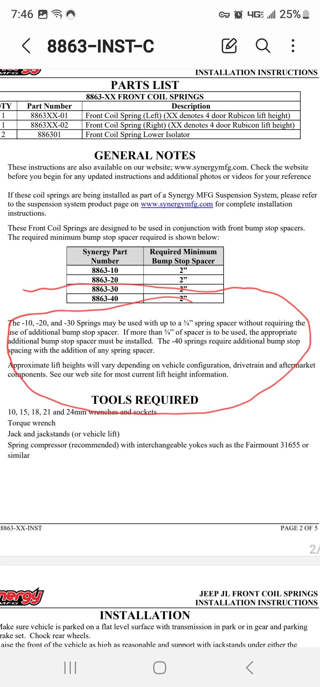 Jeep Gladiator Synergy front springs 8863-10 question/ BUMP STOPS 1000001952